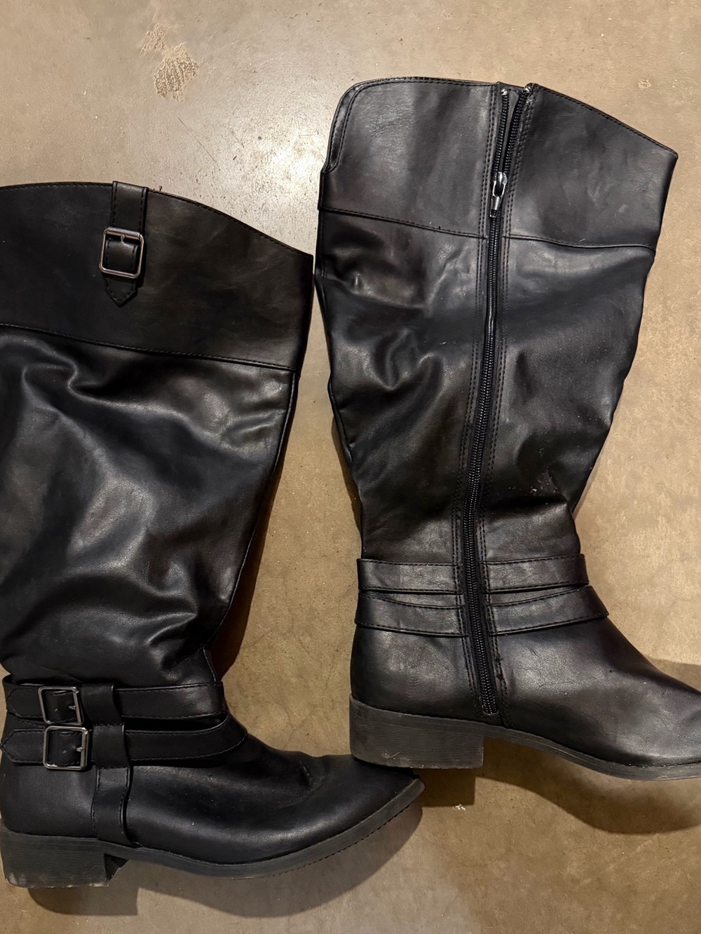 Women's Black Knee-High Riding Boots - Classic Zip & Buckle Style